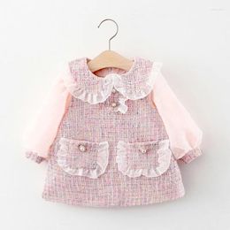 Girl Dresses Baby Girls Boutique Dress For Kids Fashion A-line Clothing Toddler Pink Lace Tweed Long Puff Sleeve Causal Birthday Costume