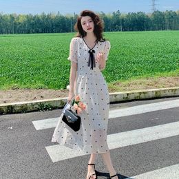 Party Dresses Summer 2024 Casual Chiffon White Dot Bow A-line Dress Slim Fashion Bohemian Style Outing Vacation