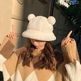 Berets Soft Winter Fluffy Fur Warm Bucket Hat For Women Girl Cute Bear Ear Fisherman Plush Female Outdoor Windproof Basin Cap