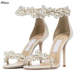 Luxury Pearls Wedding Shoes For Bride White Black Open Toe High Heel Women Sandals Fashion Prom Party Shoes For Ladies CL3218