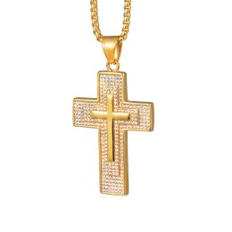 Hip Hop Iced Out Big Cross Pendant Male 14k Yellow Gold Cubic Zirconia Christian Necklace For Men Religious Jewellery