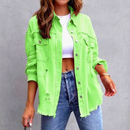 Women Pocket Hole Tassel Turndown Collar Denim Button Casual Boho Full Long Sleeve Spring Winter Cardigan Jacket Coats Outerwear 240117