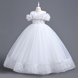 2024 Lace White Ball Gown Flower Long Off Shoulder Vintage Sequined Shiny Tulle Little Girl Peageant Dress Kids Pageant Gowns Communion Dresses 403