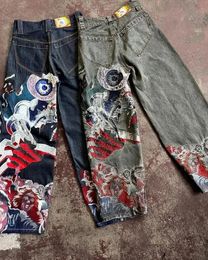 Big Eyes Embroidery Gothic High Waist Wide Leg Trouser Jeans for Men Streetwear Harajuku Y2K Hip Hop Retro Graphic Baggy Denim 240117