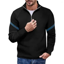 Men's Polos Fashion Zip Collar T Shirt For Men Casual Long Sleeve Solid Colour Slim Fit Sport Wear Tops Tees Clothing