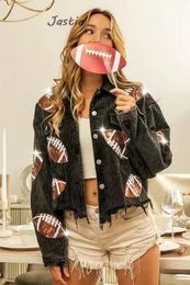 Sports Casual Corduroy Jackets For Women Retro Turn-down Collar Football Sequins Tassel Women's Jacket Long Sleeve Jackets 240117