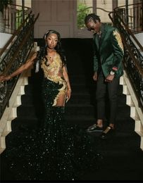 Green O Neck Long Prom Dresses For Black Girls 2024 Gold Appliques Birthday Party Gowns Tassel Evening Gown Mermaid Robe De Bal 0516