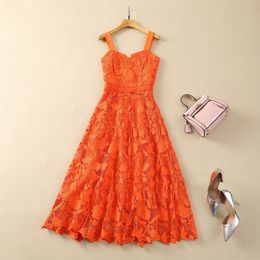 2024 Spring Orange Floral Lace Dress Spaghetti Strap Square Neck Panelled Midi Casual Dresses S4J160110 Plus Size XXL