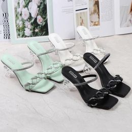 Slippers 2024 Summer Women 8.5cm High Heels Crystal Slides Mules Lady Weave Leather Clear Block Green Glitter Design Shoes