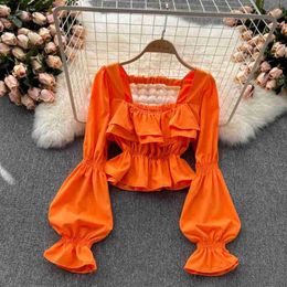 Women's Blouses Shirts Sexy Square Collar Flare Long Sleeve Ruffle Short Tops Women Autumn Elegant Casual Blue/Orange/Black/White Blouse 2022 Fashion YQ240118