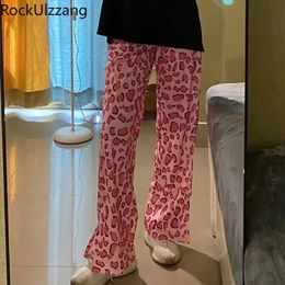 Capris Side Split Elastic High Waist Leopard Pink Pant Pocket Women Fashion Aesthetic Summer y2k Slim Slit Trouser Korean Style Cute