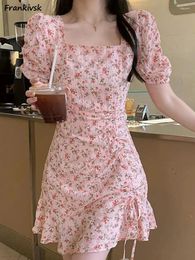 Casual Dresses Square Collar Women Floral Holiday Lace-up Colorful Lovely Sweet Elegant Trendy Streetwear Leisure All-match Ins