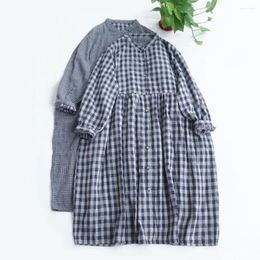 Casual Dresses Loose Dress Spring Plaid Print V Neck Midi With A-line Silhouette Shirring Cuff Detail For Women's Fall