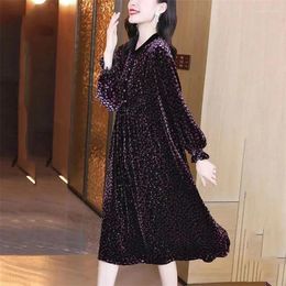 Casual Dresses 5XL Large Size Gold Velvet Dress Women Autumn Long-Sleeve Elegant Floral Female Temperament Vestdios