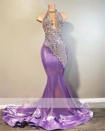 Long Gorgeous Purple Prom Dresses 2024 Mermaid Halter Style Sparkly Rhinestones Crystals Gown for Black Girls