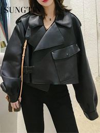 Jackets Sungtin Women Faux Leather Jacket Soft Loose Vintage Biker Coat Short Pockets Motor PU Black Jacket Autumn Street Leather Coat