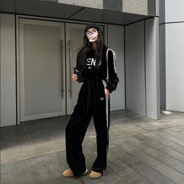 Designer Women's Tracksuit Letters Ribbon Trim Velour Fabric Comfort Casual Short Hooded Sweatshirt Elastic Waist Straight Leg Pants Suit