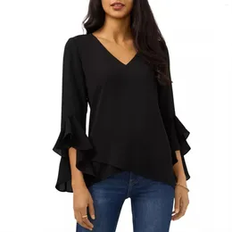 Women's T Shirts Fashion Irregular Hem Tops Women Solid Wrap Blouse 2024 Autumn Elegant 3/4 Sleeve Vintage V-neck Chic Blusas