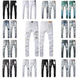 Jeans da uomo skinny di marca viola con rialzo jeans bianchi trapuntati con tasca distrutta vintage in cotone elasticizzato