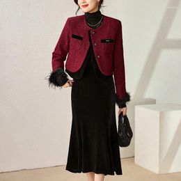 Work Dresses Winter 2 Pieces Skirts Sets For Women Long Sleeve Tweed Jacket Coat And Velvet Skirt Woman Vintage Two Piece Set Slim