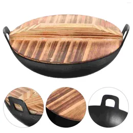 Pans Cast Wok With 2 Handle And Wooden Lid: Nonstick Deep Frying Pan For Authentic Asian Chinese Stir- Fry Grilling Steaming