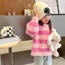 Jackets Girls' Color Matching Winter Latest Children's Fashion Spliced Stripe Top Fashionable Knitted Warm Clothes Girl