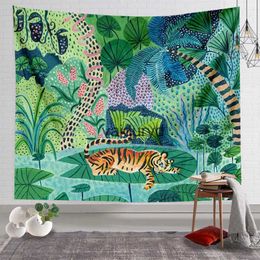 Tapestries Animal King Forest Tiger Tapestry Wall Hanging Tropical Palm Plant Flower Bohemian Home Decoration Yoga Mat Blanketvaiduryd