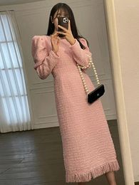 Casual Dresses Sweet Women Hem Tassel Tweed Dress Tide 2024 Autumn Winter Long Sleeve Slim Waist O-neck Wool Vestido X650