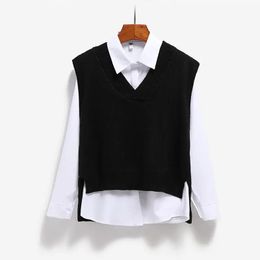 Women Sweater Vest Spring Autumn Short Loose Knitted Sleeveless VNeck Pullover Tops Female Outerwear Black 240117