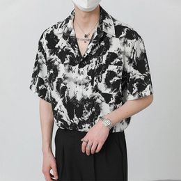 Men's Casual Shirts Korean Ink Painting Dark Black Shirt High Street Turn Down Collar Long Sleeve Blouse Spring 2024 Trendy Loose Tops