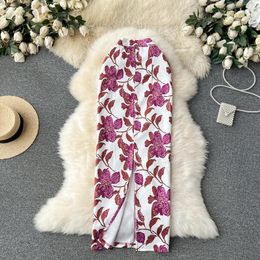 Skirts Women Chic Slit Print Floral Dress High Waist Elegant Fashion Hip Wrap Skirt Sweet Casual Autumn Clothing Slim Fit Long