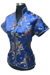 Capris Summer Stylish Navy Blue Chinese Women Blouse Traditional Silk Satin Shirt Tops VNeck Clothing Size S M L XL XXL XXXL WS002