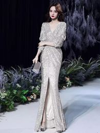New Banquet Style Eegant Long Sleeved Sequined Queen Fish tail Evening Dress Prom Gown
