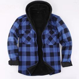 Men's Casual Shirts Warm Fall Winter Jacket Plaid Shirt Stylish Print Cardigan Coat Hooded Single-breasted