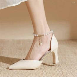 Sandals Princess Style Beige Soft Leather Women 2024 Summer Fashion Pearl Buckle Hollow Thick Heel Ladies Wedding Shoes Pointed