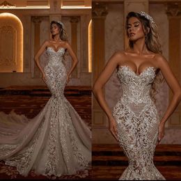 Stunningbride 2024 Exquisite Strapless Mermaid Wedding Dress Sweetheart Sequined Lace Arabic Sweep Floor Trumpet Bridal Gowns Custom Made
