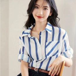 Women's Blouses Chiffon Stripe Shirt Loose Casual Spring/Summer Ladies Clothing Long Sleeve Polo-Neck Fashion Tops YCMYUNYAN