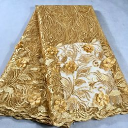 Gold African Lace Fabric Embroidered Nigerian Wedding Lace Fabric High Quality French Tulle Lace Fabric Beads Stones LHX11D 240117