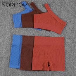 Active Sets NORMOV Summer Ribbed Yoga Sets Seamless Fitness Suits 1/2 Pieces Gym Sets Solid Shorts Push Up Bra Sportwear Short SetsL240118