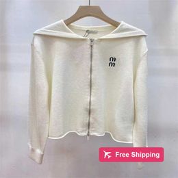 Designer Women's Sweaters AutumnWinter New Lazy Style, Age Reducing Miu Home Hooded Zipper Knitted Cardigan Coat, Versatile Women's Top WM4A