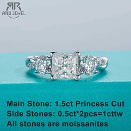 Band Rings AnuJewel 1.5ct Princess Cut D Colour Moissanite Three Stone Engagement R925 Silver Rings For Women Jewellery Wholesale J240118