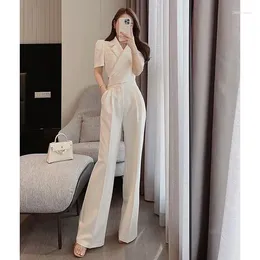 Women's Two Piece Pants Chic Women Crop Top Short Sleeve Blazer High Waist Long Suits For Summer Streetwear Set Outfits Female M33