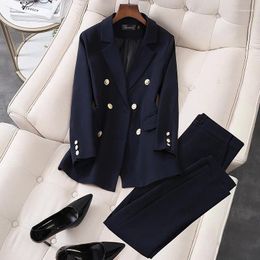 Women's Two Piece Pants Deep Blue Office Women Blazer Set Double Breasted Jacket With Trousers Tailor Made Solid Color Costume Homme