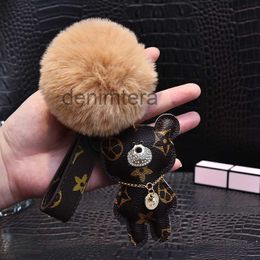 Cat Bear Pompom Key Chain Accessories Fashion Rhinestone Ring Pu Leather Teddy Car Keychain Buckle Jewellery Bag Charm Animal Keyring Hold STJ5