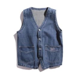 Fashion Casual Vest Multi Pocket Denim Vests Vintage Style Men's Baggy Cowboy Wear Pocket Overalls Coats Jackets Denim Blue Tops XXL Waistcoat