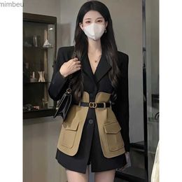 Women's Suits Blazers Women's Mid length Vintage Suit Outer Coat Women's Work Clothes Splicing High Grade Feeling Waist Shrinking Slim Suit SetL240118