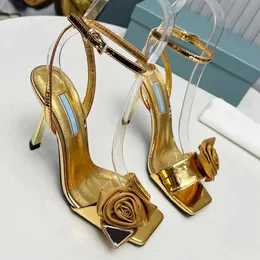 gold Sandals Designer High Heels Women Flower Rhinestone Decorative Square Head Open Toe Dress Shoe Patent Leather Fashion Summer Party Wedding Shoe