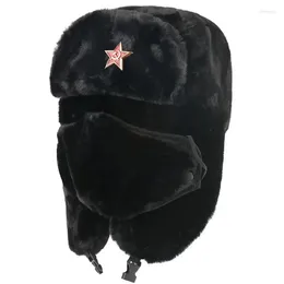 Berets Winter Warm Faux Fur Bomber Hat For Men Soviet Army Military Badge Caps Male Thermal Earflap Cap Russia Women