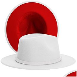 Berets Womens Mens White With Red Fedora Hats Felt Band Two Tone Wide Brim Jazz Cap Wool Blend Panama Trilby Vintage Hatberets Drop D Dhise