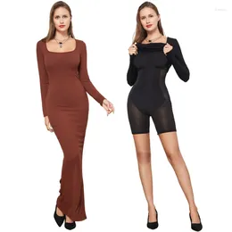 Casual Dresses Women's Long Sleeve Square Neck Bodycon Maxi Dress Double Layer Shaping Clothes Slim Buttocks Tight Waist Corset Skirt